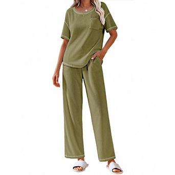 Ekouaer Women Waffle Knit Lounge Sets Short Sleeve Top and Long Pant Pajama Set Loungewear 2 pc