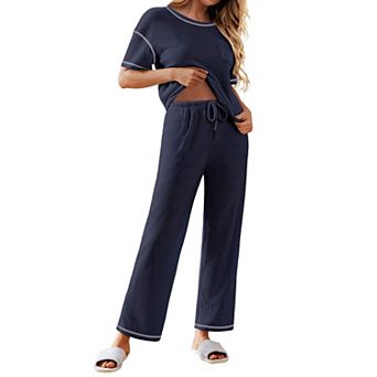 Ekouaer Women Waffle Knit Lounge Sets Short Sleeve Top and Long Pant Pajama Set Loungewear 2 pc