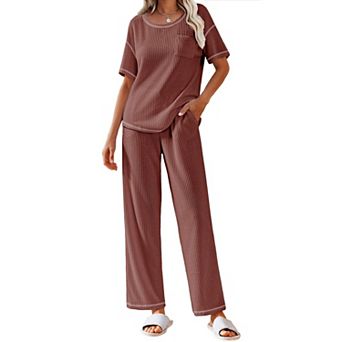 Ekouaer Women Waffle Knit Lounge Sets Short Sleeve Top and Long Pant Pajama Set Loungewear 2 pc