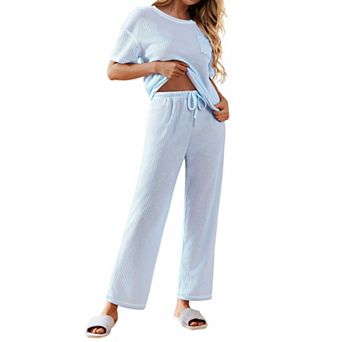 Ekouaer Women Waffle Knit Lounge Sets Short Sleeve Top and Long Pant Pajama Set Loungewear 2 pc