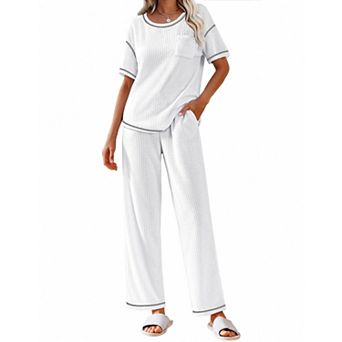 Ekouaer Women Waffle Knit Lounge Sets Short Sleeve Top and Long Pant Pajama Set Loungewear 2 pc