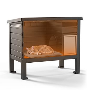 EFU Weatherproof Pet House with Front Door, Pneumatic Lid, and Wood Grain Design