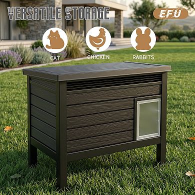 EFU Weatherproof Pet House with Front Door, Pneumatic Lid, and Wood Grain Design
