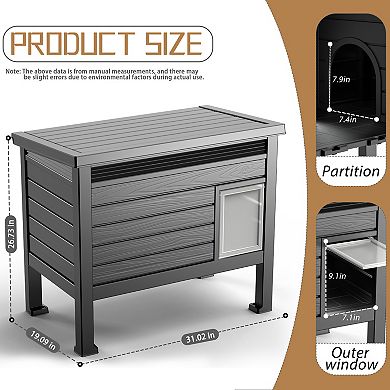 EFU Weatherproof Pet House with Front Door, Pneumatic Lid, and Wood Grain Design