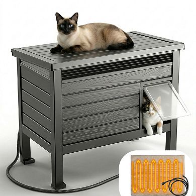 EFU Weatherproof Pet House with Front Door, Pneumatic Lid, and Wood Grain Design