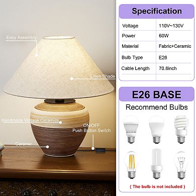 POWLIG Modern Ceramic Table Lamp with Linen Shade - 15.75" Contemporary Farmhouse Decor Lighting