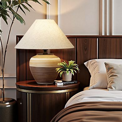 POWLIG Modern Ceramic Table Lamp with Linen Shade - 15.75" Contemporary Farmhouse Decor Lighting