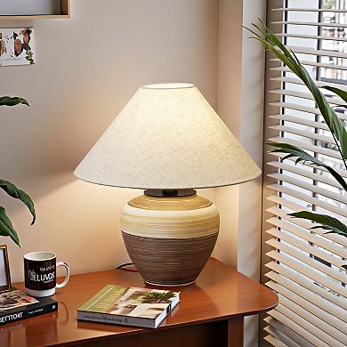 POWLIG Modern Ceramic Table Lamp with Linen Shade - 15.75" Contemporary Farmhouse Decor Lighting
