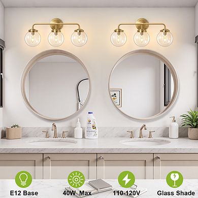POWLIG Modern Vanity Light Fixture - 3-Light Bathroom Mirror Lighting with Clear Glass Globe Shades