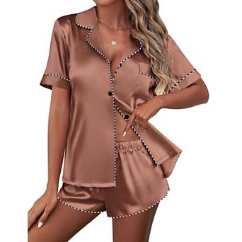 Ekouaer Pajamas Set Short Sleeve Pj Sets & Contrast Piping Pjs Button Down Lounge Sets