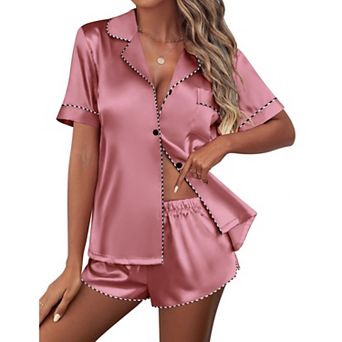 Ekouaer Pajamas Set Short Sleeve Pj Sets & Contrast Piping Pjs Button Down Lounge Sets