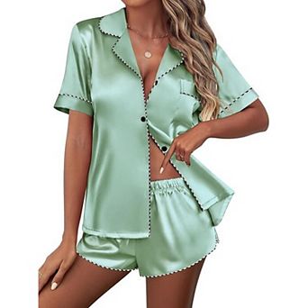 Ekouaer Pajamas Set Short Sleeve Pj Sets & Contrast Piping Pjs Button Down Lounge Sets