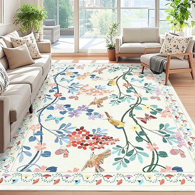 Botanical Bird Washable Rug Plush Non-Slip Carpet for Kitchen & Living Space