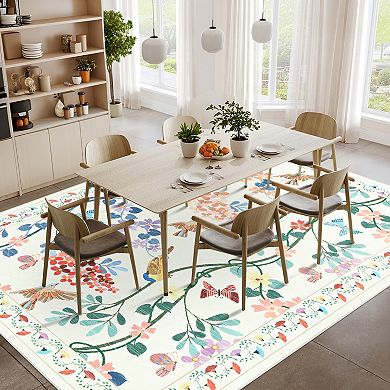 Botanical Bird Washable Rug Plush Non-Slip Carpet for Kitchen & Living Space