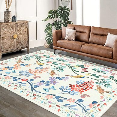 Botanical Bird Washable Rug Plush Non-Slip Carpet for Kitchen & Living Space