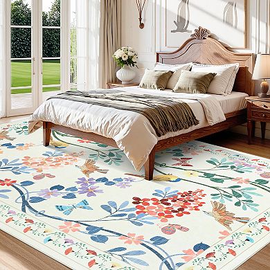 Botanical Bird Washable Rug Plush Non-Slip Carpet for Kitchen & Living Space