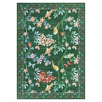 Botanical Bird Washable Rug Plush Non-Slip Carpet for Kitchen & Living Space