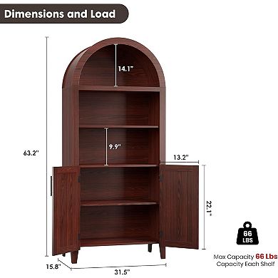 Arched Bookcase with Doors 5Tier Open Display Shelf for Home Office