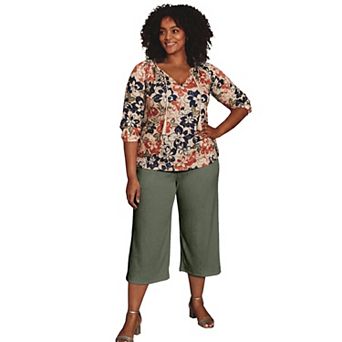 Avenue Women's Plus Size Knit Gauze Smocked Wide-Leg Crop