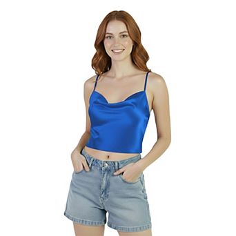 Artyska Women's Satin Cowl-Neck Silky Spaghetti Strap Camisole Crop Top
