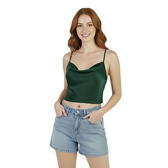 Artyska Women's Satin Cowl-Neck Silky Spaghetti Strap Camisole Crop Top