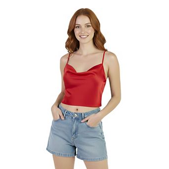 Artyska Women's Satin Cowl-Neck Silky Spaghetti Strap Camisole Crop Top