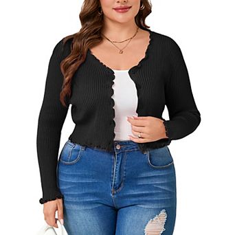 Women's Plus Size Knit Cardigan Long Sleeve Cuffed Hem Short Open Front Jacket Casual Sweater Coat