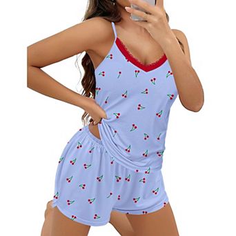 Ekouaer Pajama Sets for Women 2 pc Soft Lingerie Sleepwear Cute Print Cami Pj Shorts Set Lace