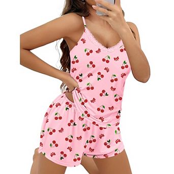 Ekouaer Pajama Sets for Women 2 pc Soft Lingerie Sleepwear Cute Print Cami Pj Shorts Set Lace