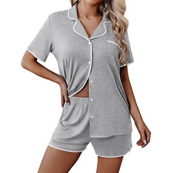 Ekouaer Pajamas for Women Set 2 pc Soft Button Up Pjs Short Sleeve Summer Lounge Sets Comfy