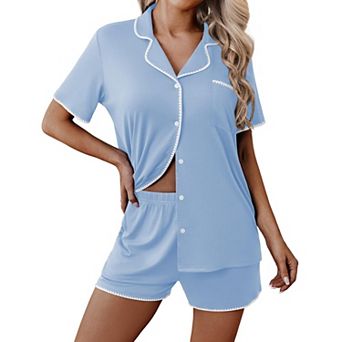 Ekouaer Pajamas for Women Set 2 pc Soft Button Up Pjs Short Sleeve Summer Lounge Sets Comfy