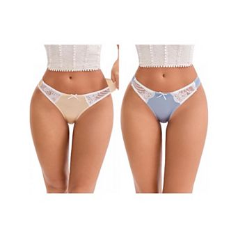 2 Packs Women's Lace Trim Satin Elastic Low-Waisted Briefs Traceless Comfortable Breathable Hipsters