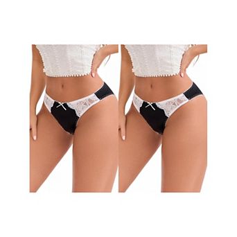 2 Packs Women's Lace Trim Satin Elastic Low-Waisted Briefs Traceless Comfortable Breathable Hipsters