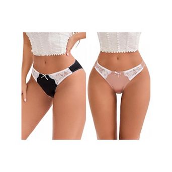 2 Packs Women's Lace Trim Satin Elastic Low-Waisted Briefs Traceless Comfortable Breathable Hipsters