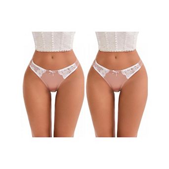 2 Packs Women's Lace Trim Satin Elastic Low-Waisted Briefs Traceless Comfortable Breathable Hipsters