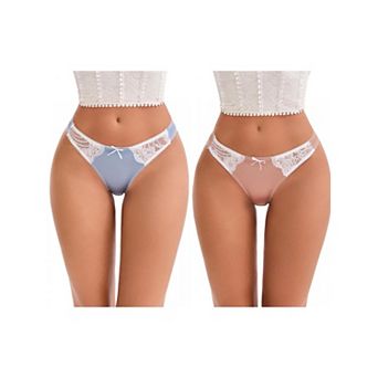 2 Packs Women's Lace Trim Satin Elastic Low-Waisted Briefs Traceless Comfortable Breathable Hipsters