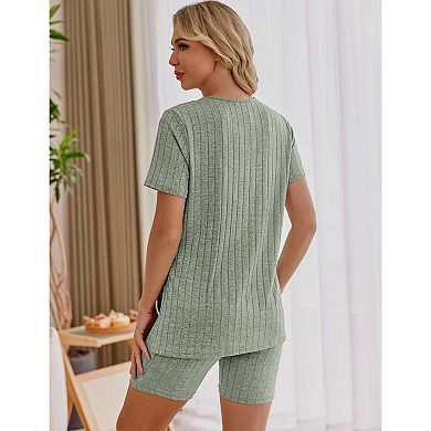 Ekouaer Women's 2 Piece Ribbed Knit Maternity Shirt & Biker Shorts Set