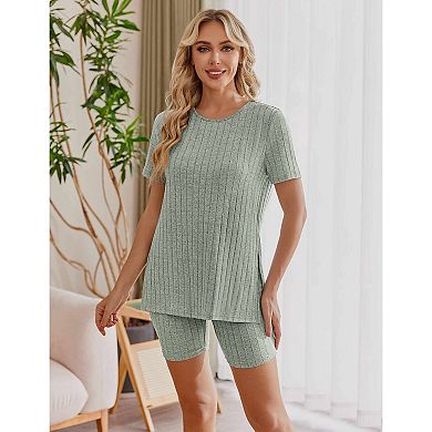 Ekouaer Women's 2 Piece Ribbed Knit Maternity Shirt & Biker Shorts Set
