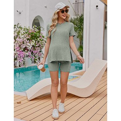 Ekouaer Women's 2 Piece Ribbed Knit Maternity Shirt & Biker Shorts Set