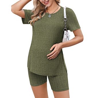 Ekouaer Women's 2 pc Ribbed Knit Maternity Shirt & Biker Shorts Set