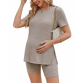 Ekouaer Maternity Sets 2 pc Outfits Ribbed Knit Short Sleeve Shirts and Biker Shorts Pregnancy