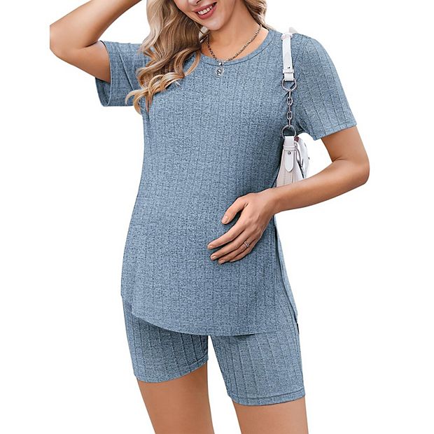 Ekouaer 2-Piece Maternity Set Ribbed Knit Shirt & Shorts Blue / S