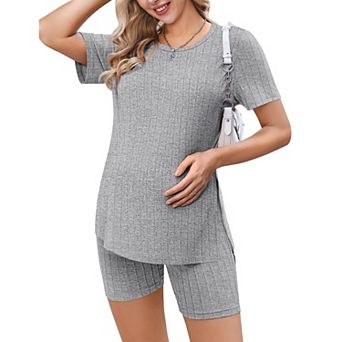 Ekouaer Women's 2 pc Ribbed Knit Maternity Shirt & Biker Shorts Set