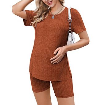 Ekouaer Maternity Sets 2 pc Outfits Ribbed Knit Short Sleeve Shirts and Biker Shorts Pregnancy