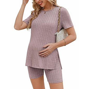 Ekouaer Maternity Sets 2 pc Outfits Ribbed Knit Short Sleeve Shirts and Biker Shorts Pregnancy