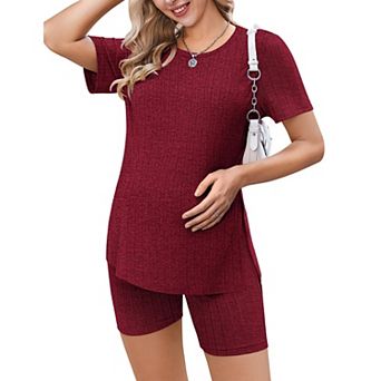 Ekouaer Maternity Sets 2 pc Outfits Ribbed Knit Short Sleeve Shirts and Biker Shorts Pregnancy