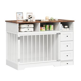 48'' Dog Crate Furniture, Farmhouse Dog Kennel with Bowl & Storage Drawers, Medium Dog Cage