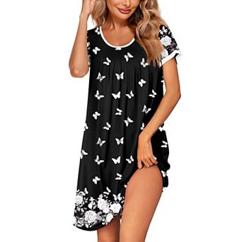 Ekouaer Women's Nightgown Short Sleeve Sleepwear Comfy Sleep Shirt Pleated Scoopneck Nightshirt