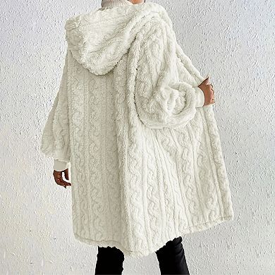 Women's Cable Knit Fuzzy Hooded Coat Long Sleeve Open Front Fleece Jacket