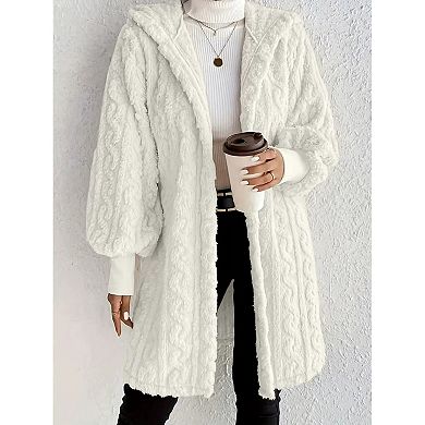 Women's Cable Knit Fuzzy Hooded Coat Long Sleeve Open Front Fleece Jacket
